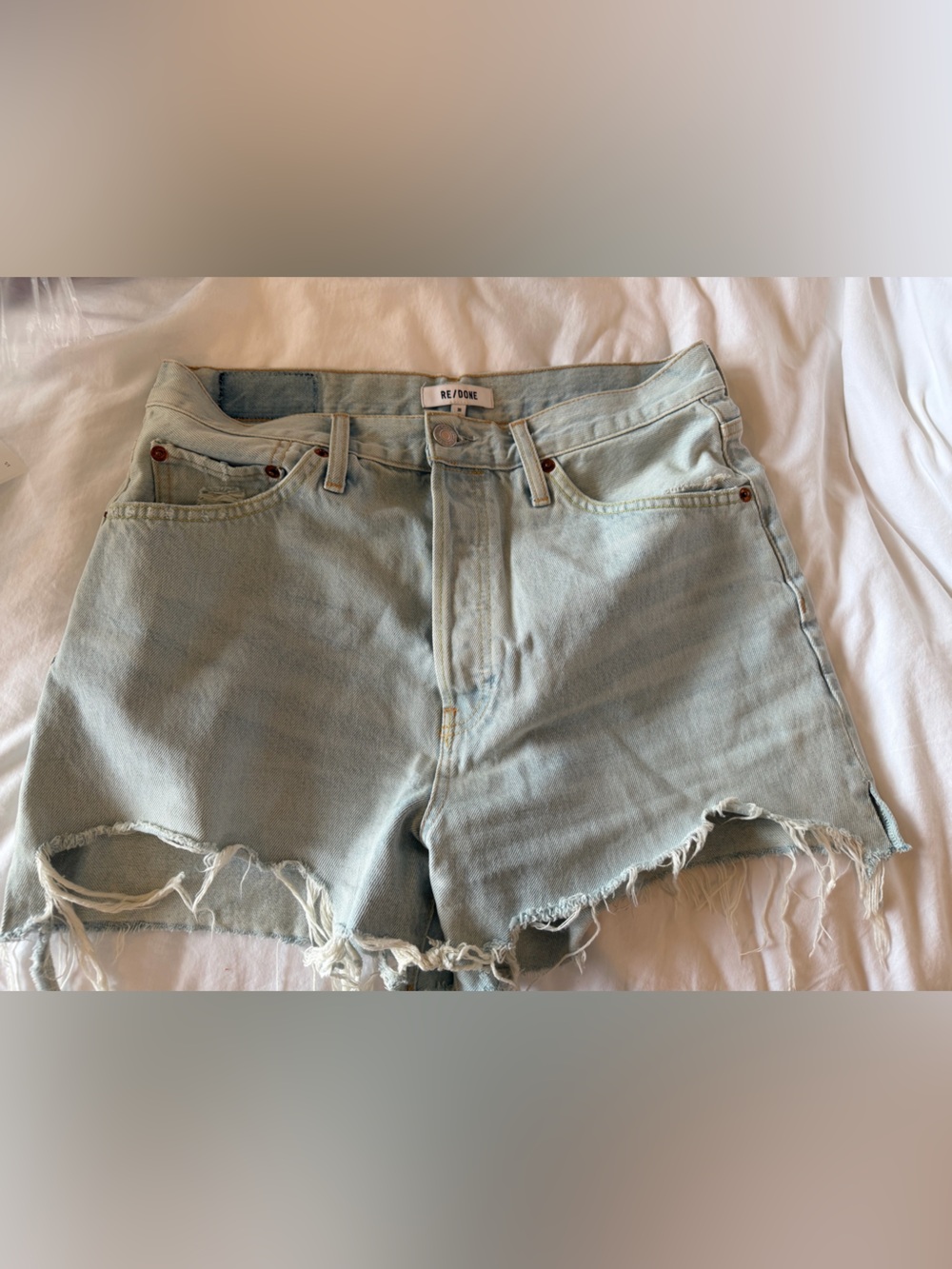 Re/Done Pale Blue High-Rise Frayed Denim Shorts